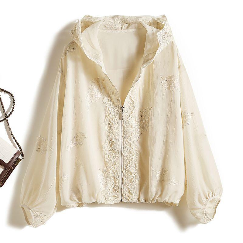 

Экспортный заказ внешней торговли! Худи из поплиновой пряжи, вышивка, бисер, кружевной край, ленивое качество, женская летняя одежда для защиты от солнца, новая верхняя одежда Creamy-white thousand yuan quality XL