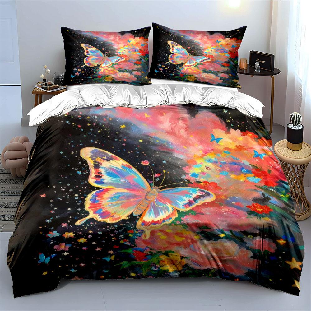 Whimsical Garden Bedding Set, Large Watercolor Butterfly with Pink Clouds and Flowers Print Duvet Cover, Dreamy Bedroom Decor