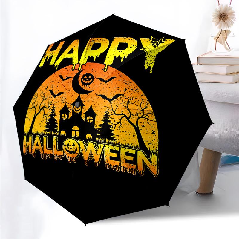 Halloween Castle  Themed Folding Umbrella Fashion Auto-Open 8 Iron Ribs Plastic Handle Foldable Sunshade Perfect Christmas Gifts