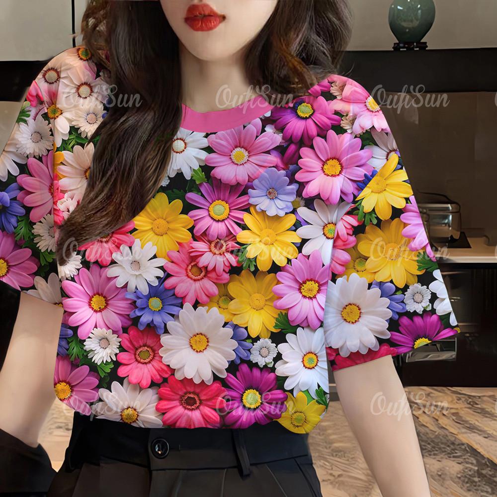 Women's clothing floral pattern T-shirt top printed T-shirt short sleeved casual T-shirt street