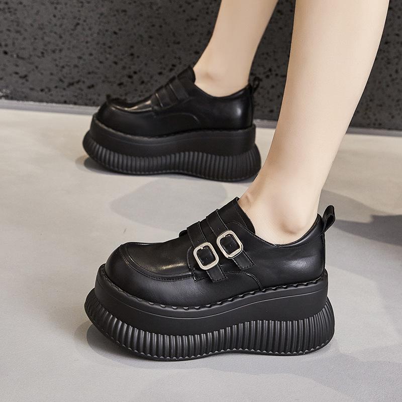 Platform Loafers Women's 2025 Spring New Versatile Small Inner Height Increase Women's Shoes Black British Style Small Leather Shoes