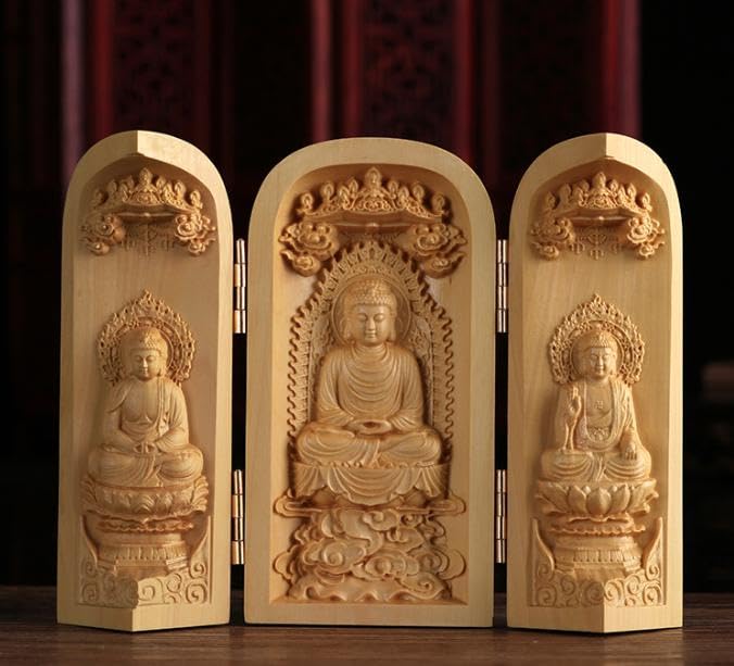 Compact wooden Buddha mini Tathagata set statue, Sanpobutsu,
