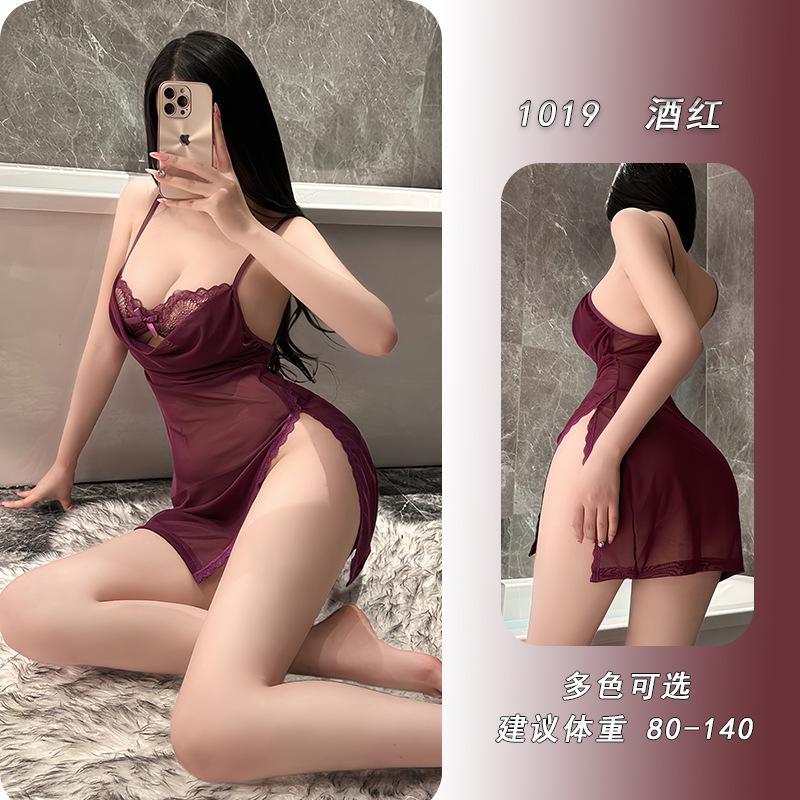 

Ye Yu suspender nightdress sexy lace women s nightgown pure desire mesh yarn temptation solid color loungewear set Recommended weight [120-140] бордовий