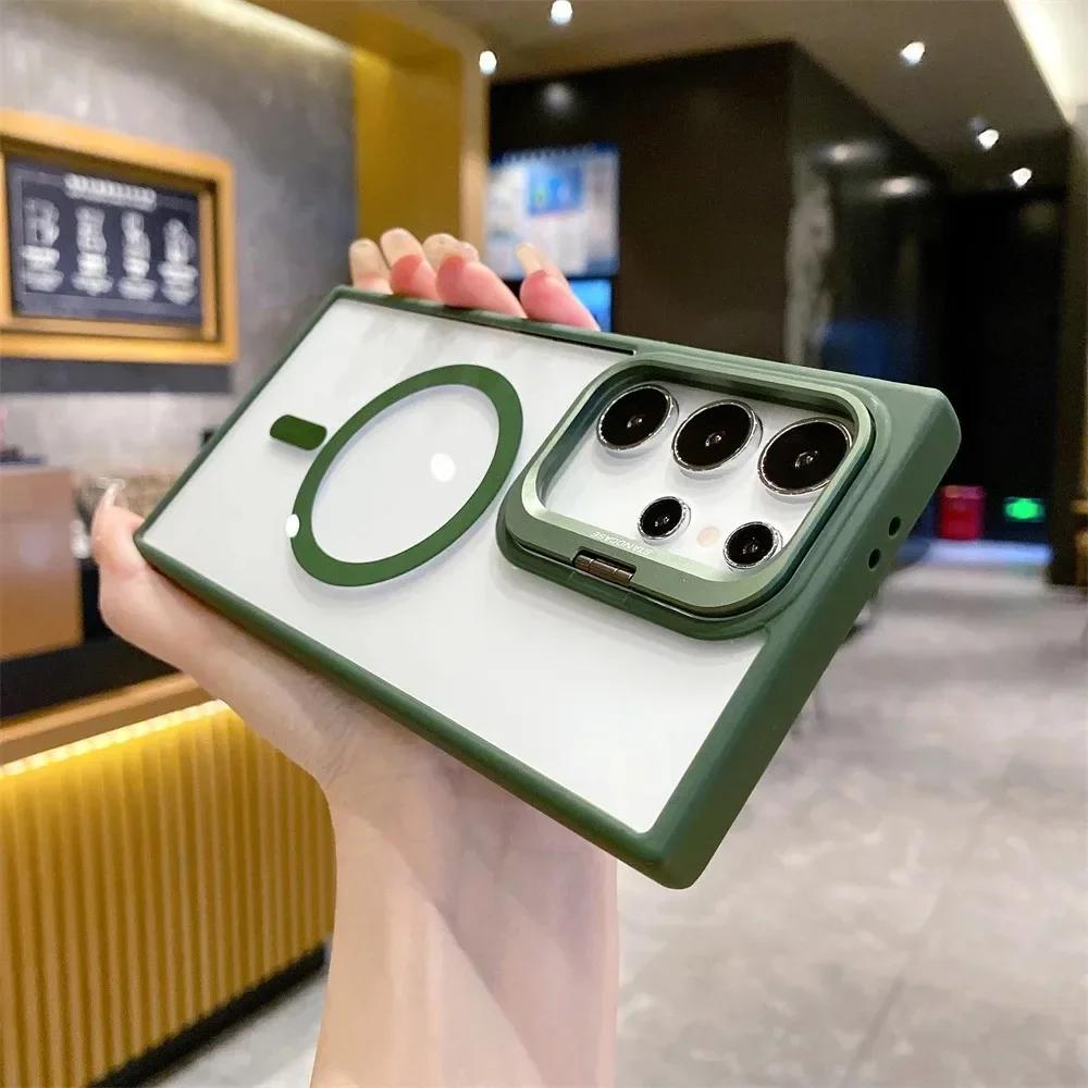 Magnetic Lens Protector Stand Phone Case For Samsung S25 S24 S23 S22 Ultra Plus FE Clear Magsafe Wireless Charge Hard Back Cover