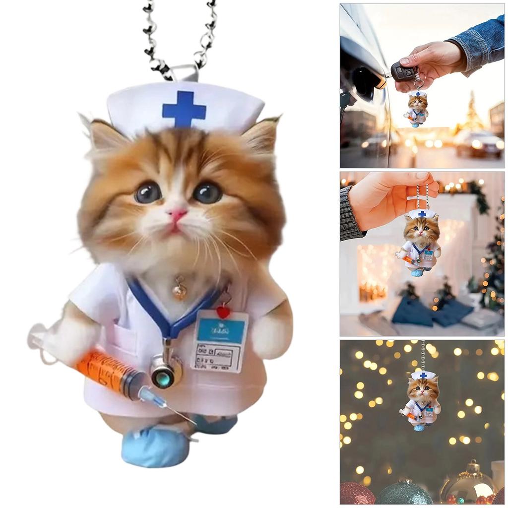Playful Cartoon Feline Nurse Car Decoration Acrylic Hanging Charm With Sturdy Rope For Christmas Tree And Door Decoratio