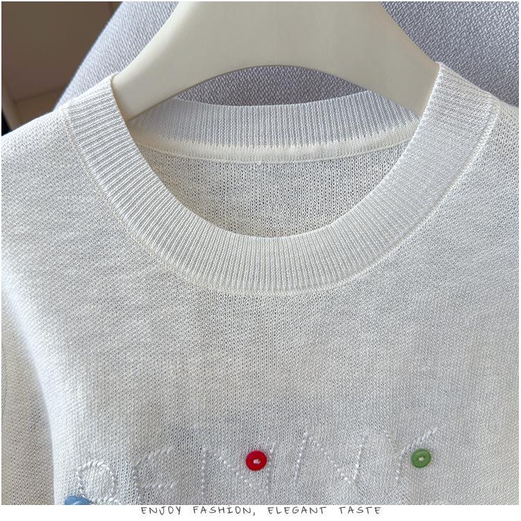 2026 Summer Versatile Embroidered Ice Silk Tencel Knit Women's T-Shirt