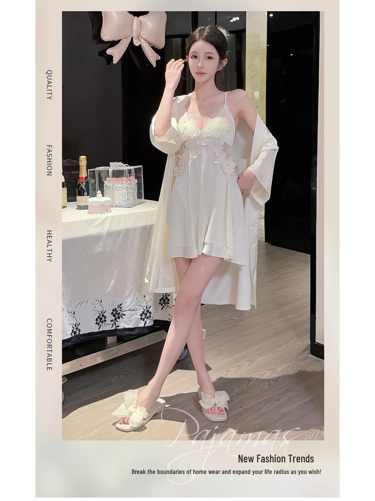 Women's Ice Silk Lace Trim Camisole Nightgown Two-Piece Set with Breast Pads for Spring & Autumn