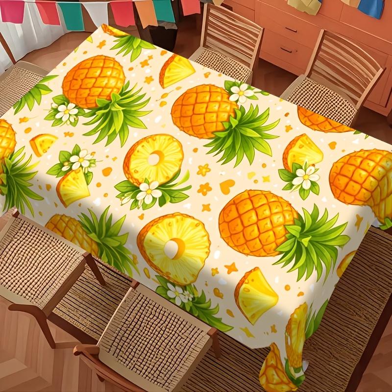 Round Polyester Tablecloth, printed with bright green pineapple & tropical leaves. Durable, reusable and easy to clean. Great decor for kitchen, dinin