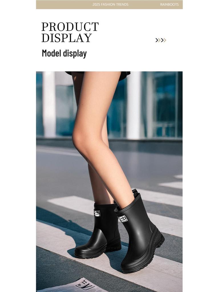 Women's Waterproof Velvet-Lined Mid-Calf Rain Boots: Drawstring, Wear-Resistant, Non-Slip Rubber for Cross-Border Fashion