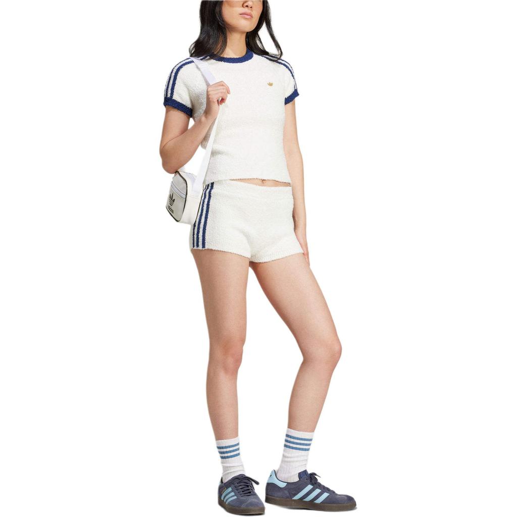 adidas Originals Premium Full Fashioned Logo Print Striped Knit Casual Shorts Women Shorts White IX0942