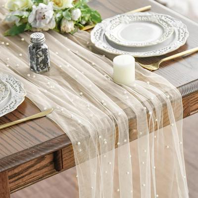 Luxurious Pearl Tulle Table Runner, 120 Inches Seasonal Tulle Table Decoration Suitable For Holidays Weddings Birthdays Family Gatherings.