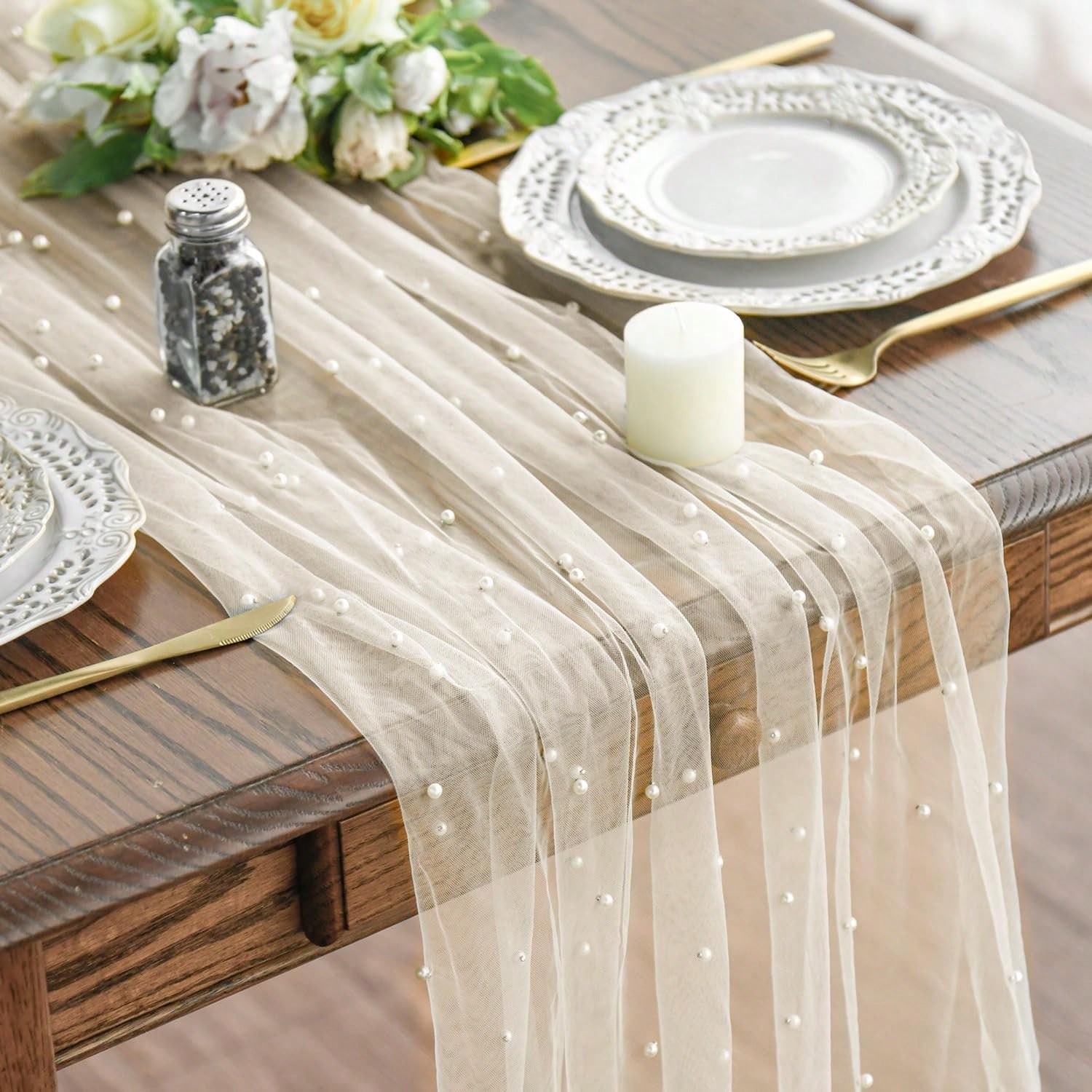Luxurious Pearl Tulle Table Runner, 120 Inches Seasonal Tulle Table Decoration Suitable For Holidays Weddings  Birthdays  Family Gatherings. 31.5 X 120 бежевый