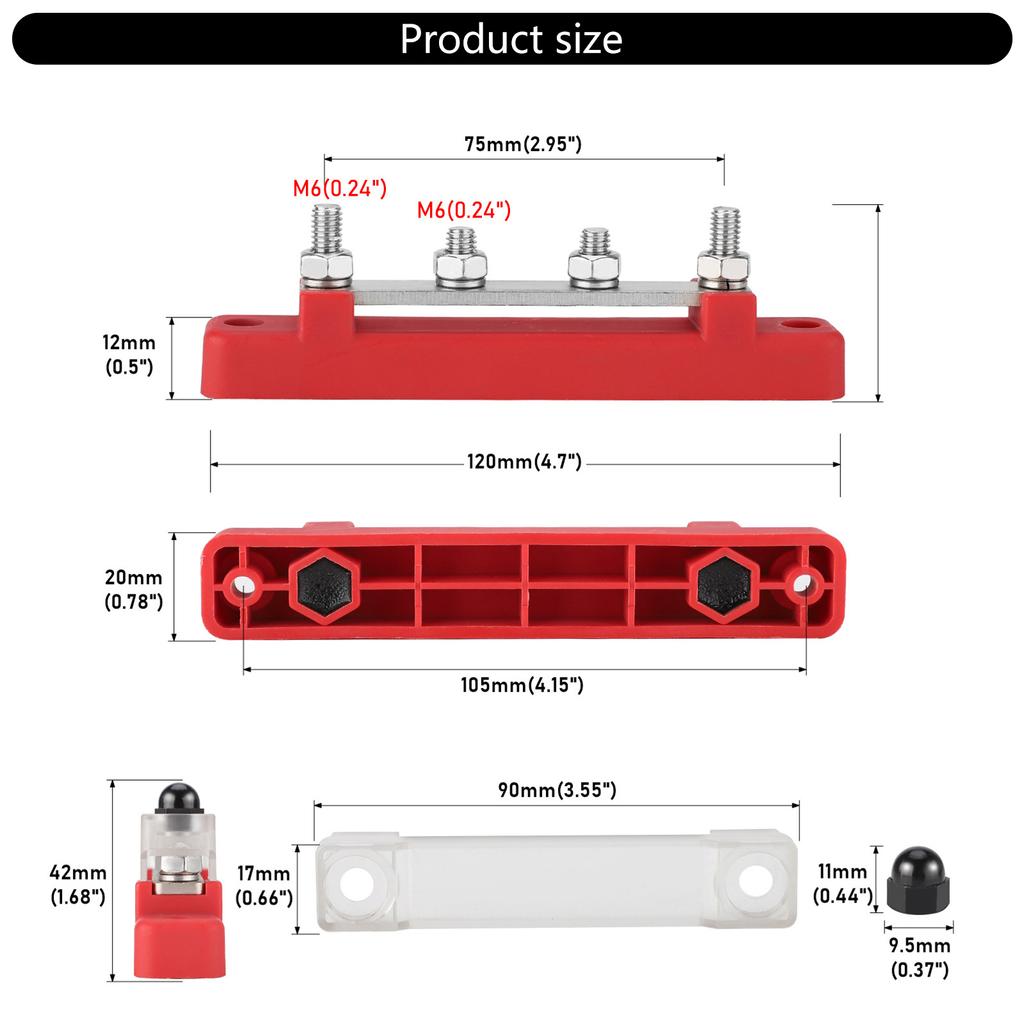 Power Distribution Block Bus Bar 4 Stud M6 Posts 48V 150A Terminal Block for Caravans Truck Boat Car