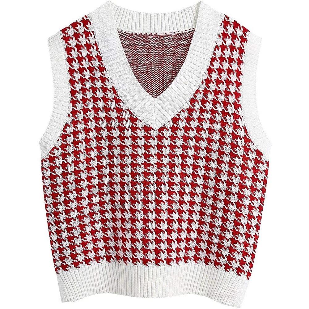 Loose Knitted Vest Sweater Women Sleeveless Thick Vintage Sweater Vest Female Waistcoat Chic Tops  Houndstooth Women Clothing
