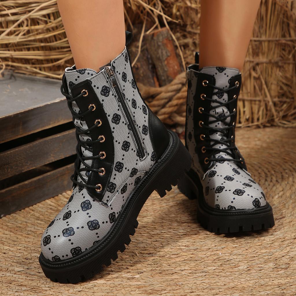 Fashion Brand Design Print Platform Ankle Boots Women Autumn Winter PU Leather Short Boots Woman Non Slip Zipper Combat Booties Female