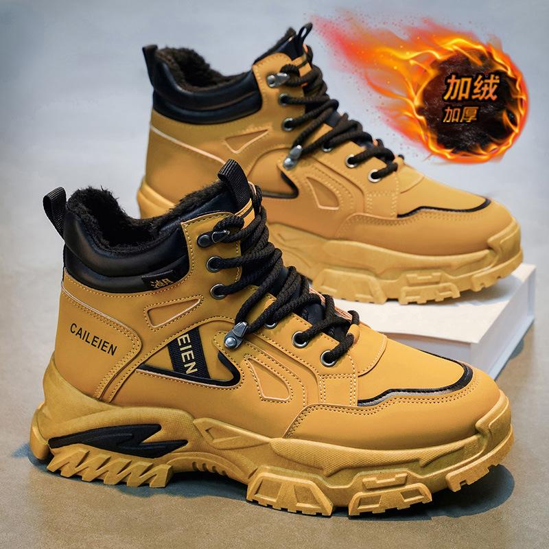 Winter Fleece High-top Shoes, Men's Shoes Trend, Versatile, Platform Sole, Heightened Thickened Warm Cotton Shoes, Sports Overalls