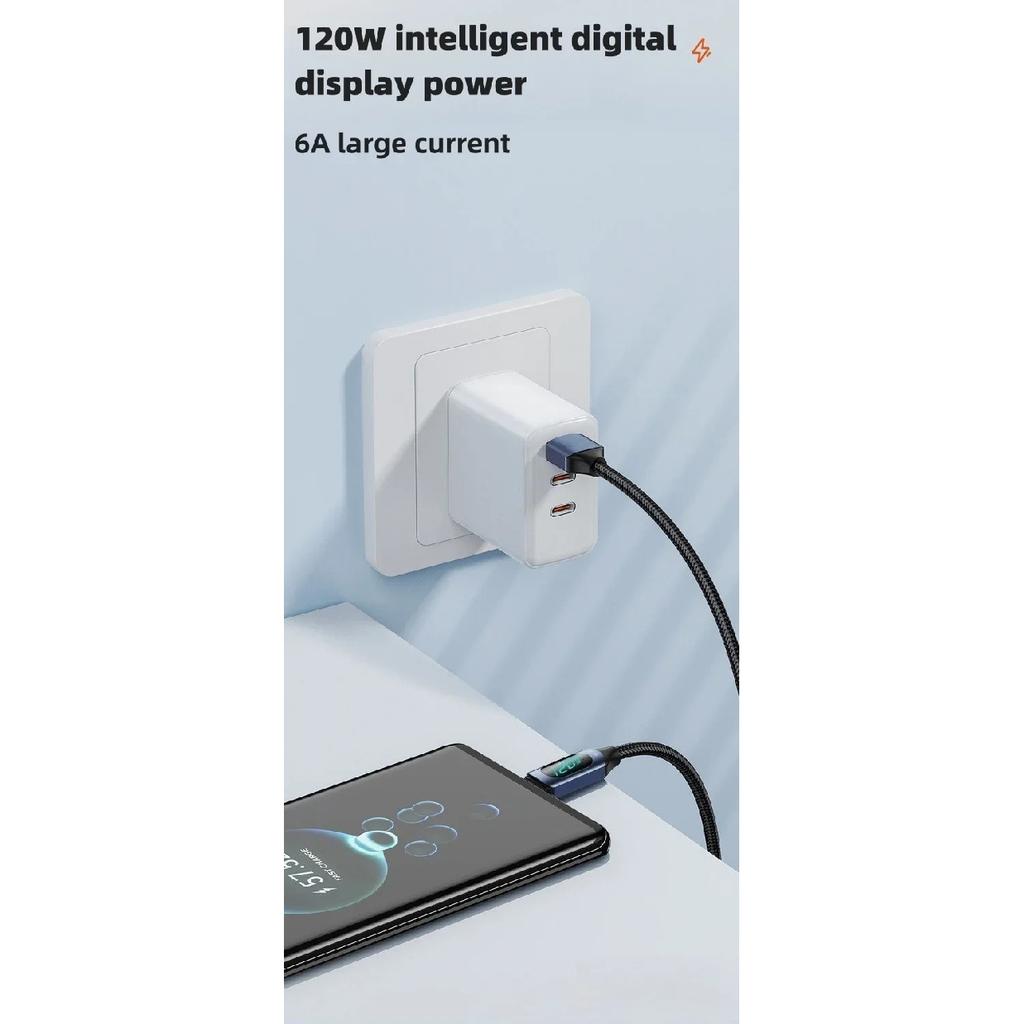 120W USB A To Type C LED Digital Display Fast Charging Data Cable Nylon Braided USB Charge Cord Type C To Type C PD 6A USB Cord