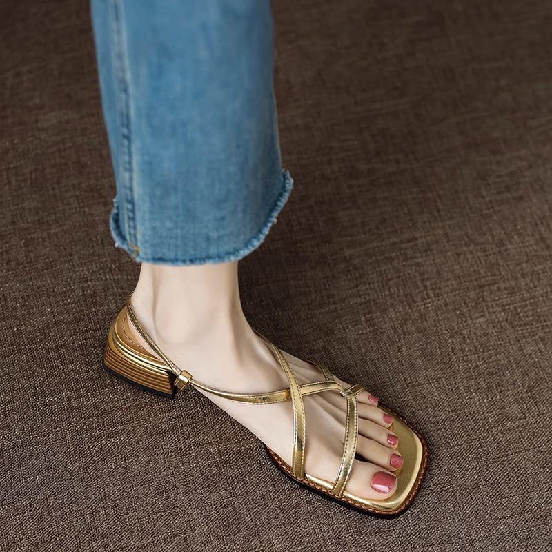 

Огромные узкие квадратные босоножки с открытым носком и перекрестными ремешками, женские, лето 2025 г., ретро, повседневные, на толстом каблуке 34 золотой
