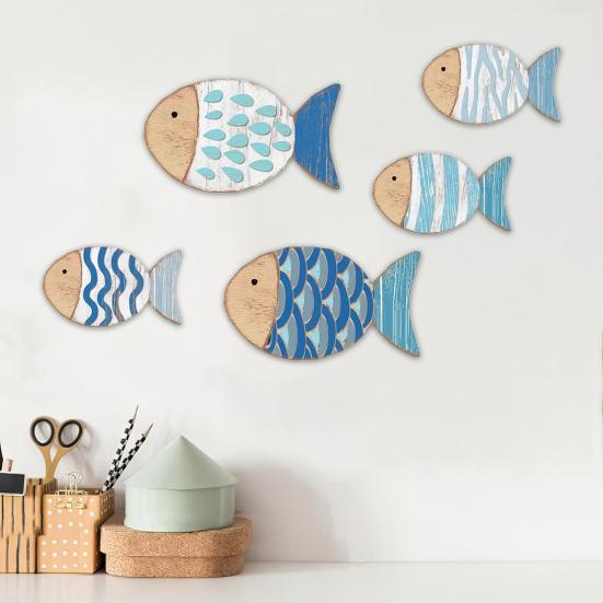 5Pcs/Set Wooden Fish Wall Decoration School of Fish Beach Lake House Bathroom Wall Art Nautical Coastal Ocean Theme Hanging Ornament