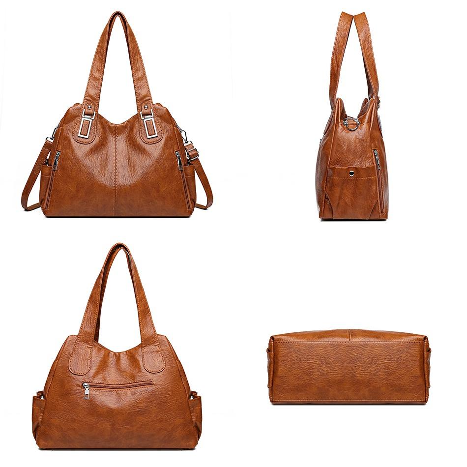 Solid Color Shoulder Bag For Women High-Quality Soft Leather Casual Tote Bag Ladies Vintage Crossbody Messenger Handbag