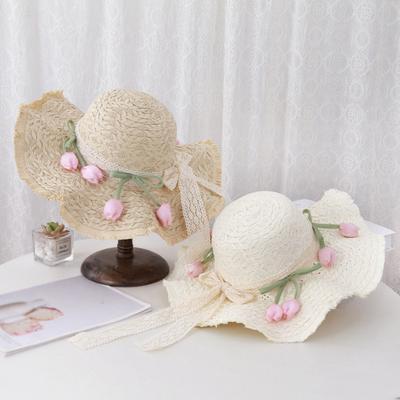 Summer Beach Hat Wavy Fringe Detail Tulip Decor Lace Ribbon Straw Hat French Style Foldable Portable Outdoor Travel Hat