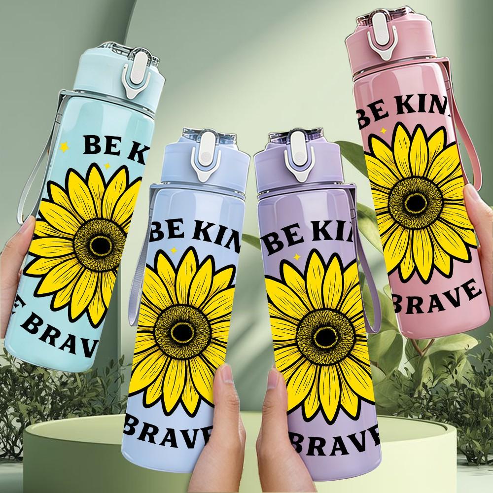 1PC Be Kind Be Brave Sunflower 750ml Color Plastic Sports Water Bottle Leakproof Flip Straw Lid Suitable for Sports Office Home Use