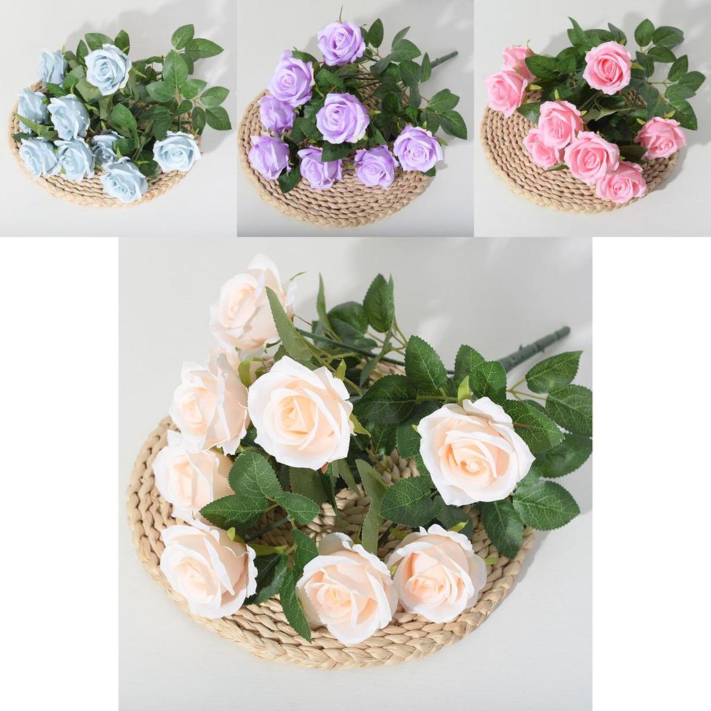 Realistic Faux Rose Display Nine Head Flowers For House Decor Photography Studio And Outdoor Settings