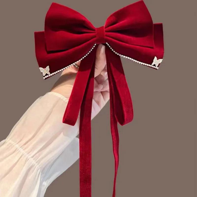 Red Velvet Bow Hair Clips for Women Girls Elegant Hairpin Spring Clip Fashion Ponytail Barrette Wedding Party Hair Accessories