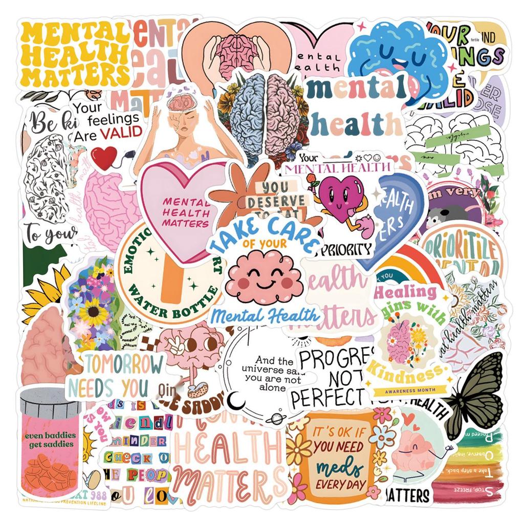 50 Mental Health Doodle Stickers: English Slogan Decorations for Laptops and Phones