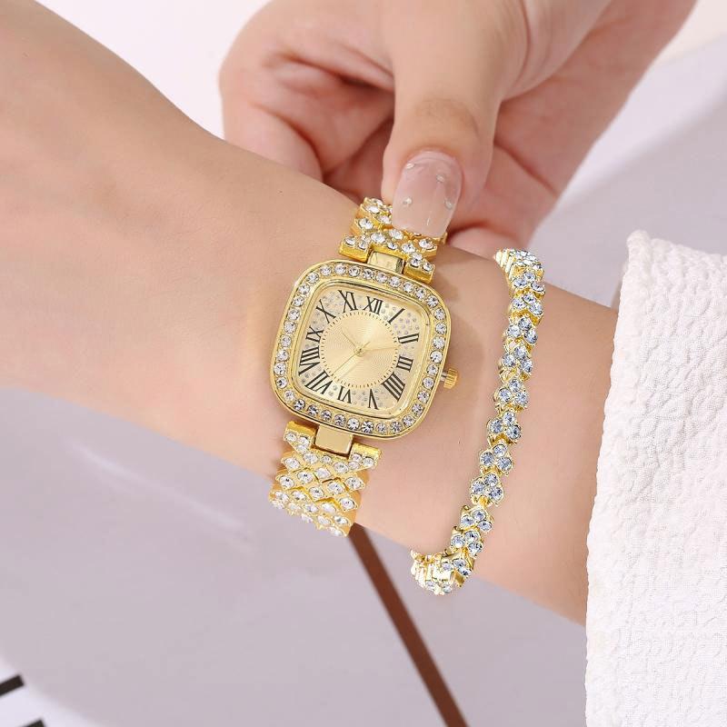 Fashion Watch Full Diamond Steel Belt Diamond Women'S 2-Piece Set Watch Roman Rhinestone Bracelet Women'S Watch