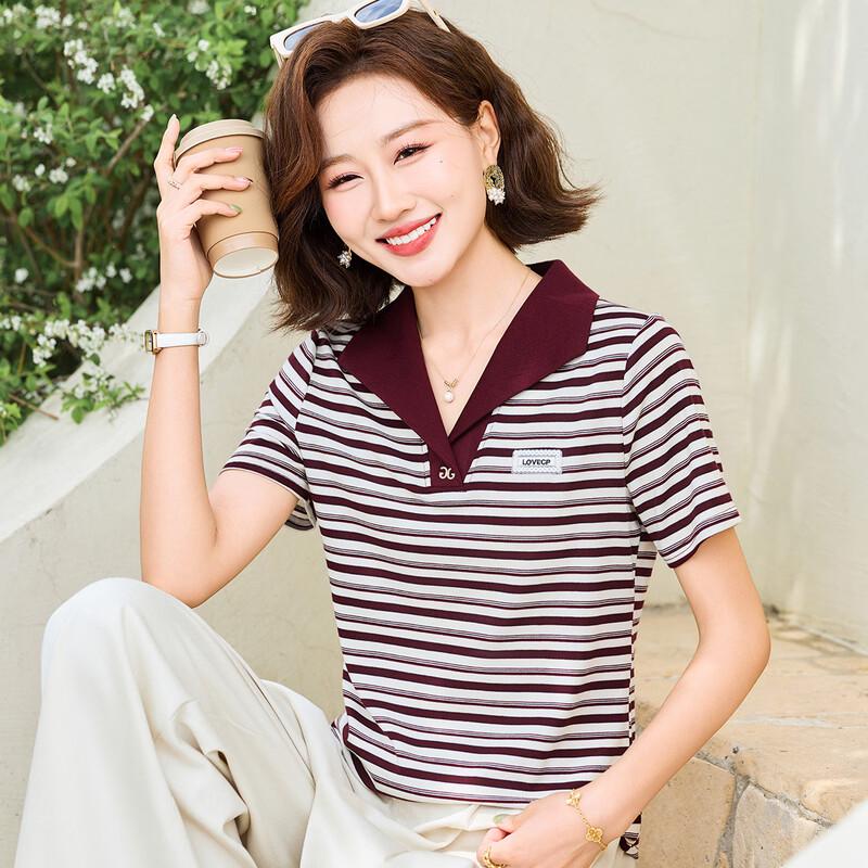 Pastel Women s Retro Striped Lapel T-Shirt L