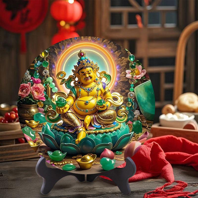 Желтый Джамбала Фигурка Богатства - Тибетский Бог Богатства Тханка Украшение для Настольного и Прилавочного Дисплея 15CM Diameter + Stand
