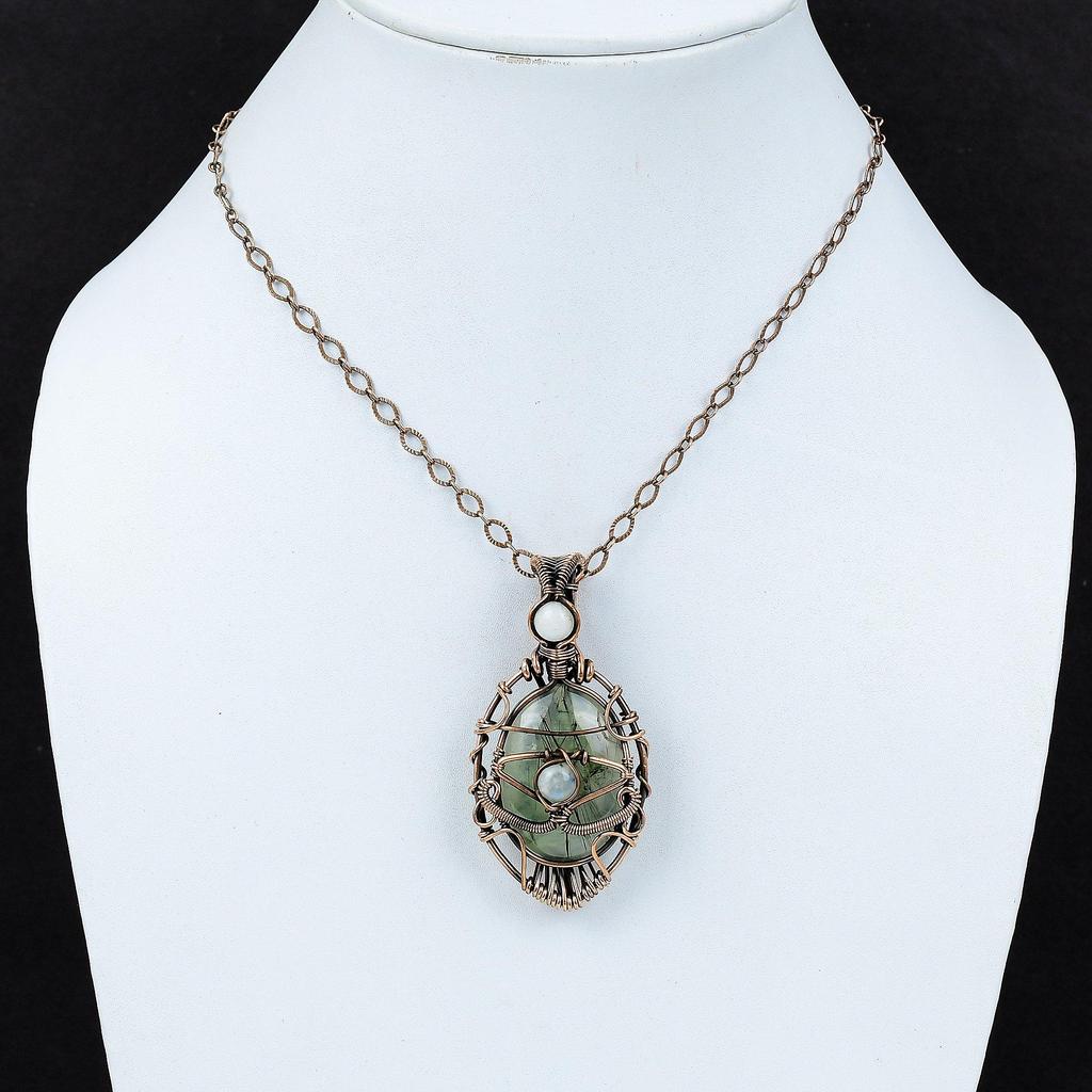 Evil Eye Moss Prehnite Pendant Copper Wire Wrapped Pendant Gemstone Pendant Handmade Evil Eye Jewelry Moonstone Pendant Copper Wire Jewelry
