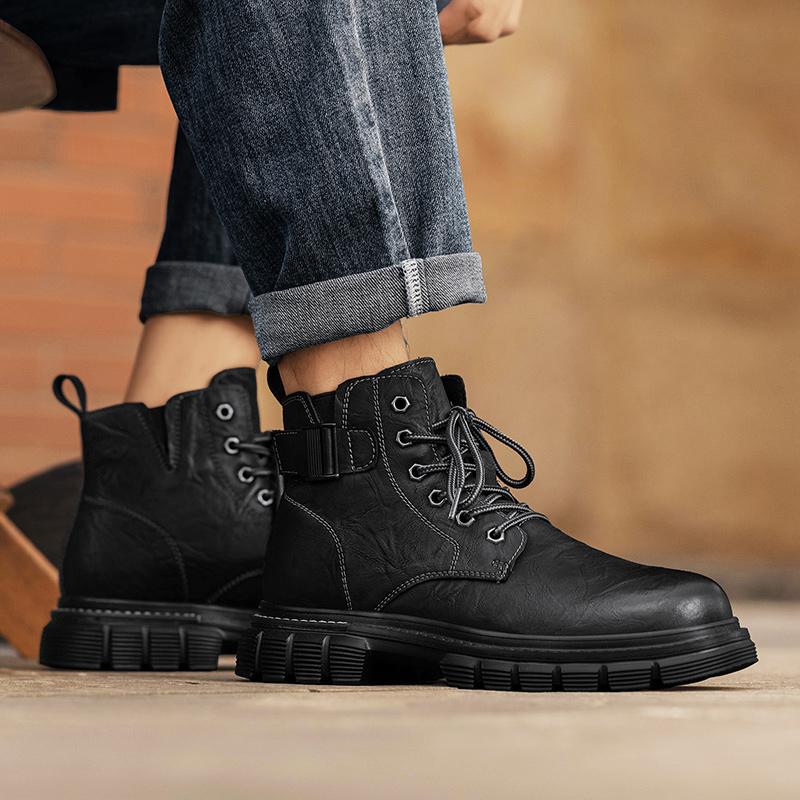 Retro Men's Ankle Boots Waterproof Casual Leather Boots High Top Shoes for Men Non Slip Work Boots
