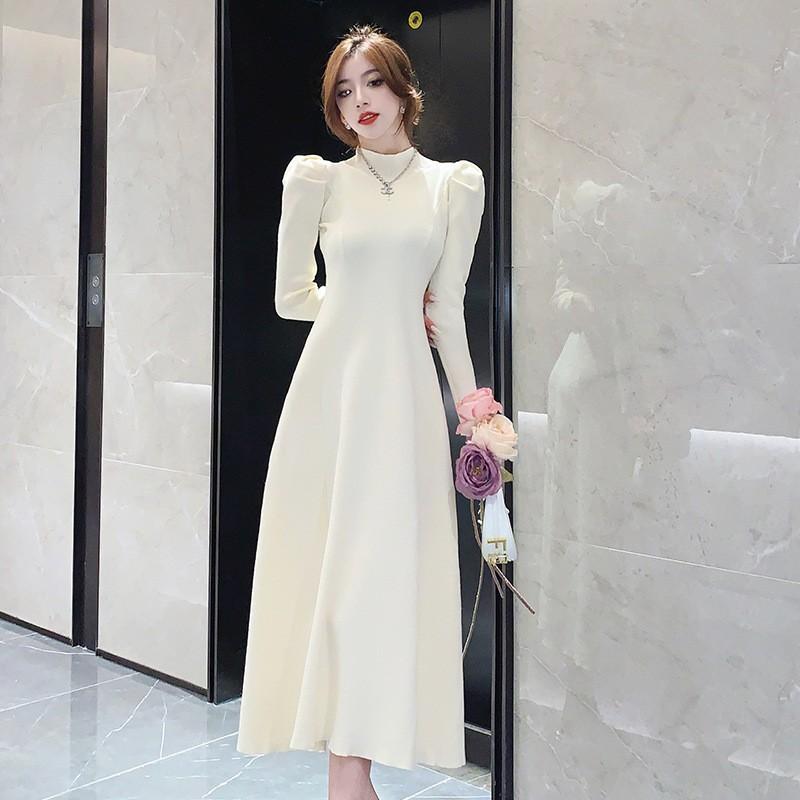 French Retro Knitted Dress Women's Age Reduction Autumn and Winter New Semi-turtleneck Medium and Long Knee-slim Sweater Skirt Tide