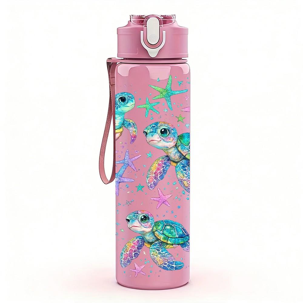 1PC Ocean Sea Turtle Starfish Print 750ml Color Plastic Sports Water Bottle Leakproof Flip Straw Lid Suitable for Sports Office Home Use