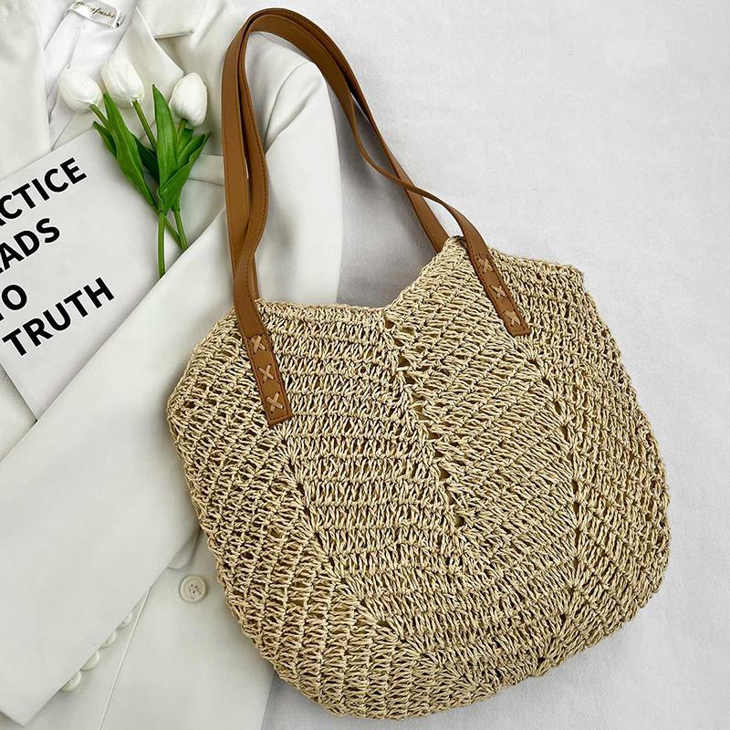 Straw Beach Bag Vintage Handmade Woven Shoulder Bag Raffia Circle Rattan Bags Bohemian Summer Vacation Casual Bags