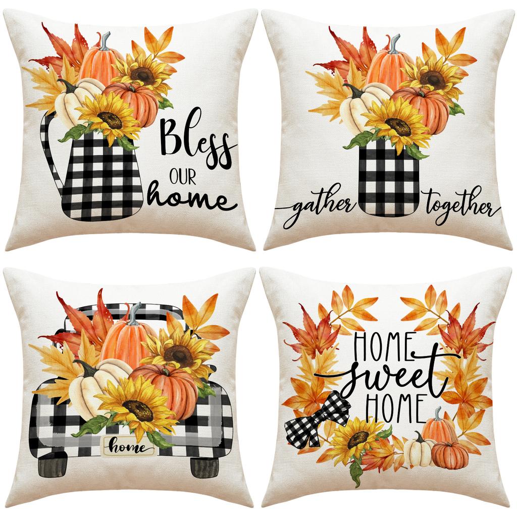 Thanksgiving Pillow Covers,Pumpkin & Autumn Leaf Design, Soft Flannel Sofa Cushion Covers for Home Decor,45x45cm, No Pillow Insert