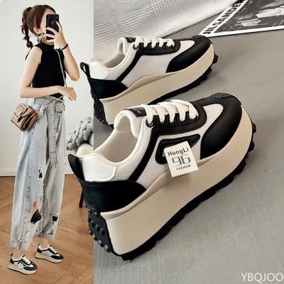 Spring and Autumn Women's New Fashionable Thick Soled Height Increasing Anti Slip Sports Shoes Mesh Breathable Casual Shoes