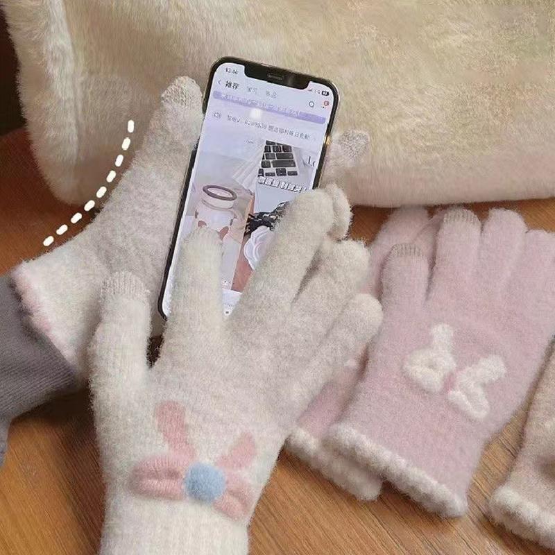 Touch Screen Knitted Gloves Wool Warm Five Fingers Winter Riding Bow Gloves