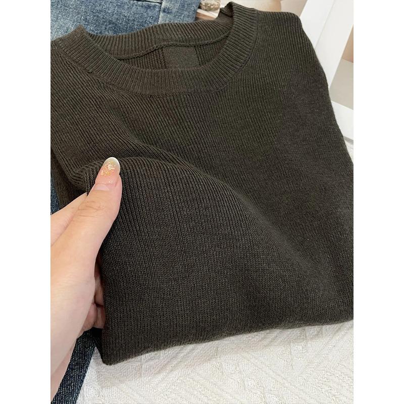 Grey soft waxy round neck pullover bottoming sweater knitted sweater women's spring slim and thin inner shoulder top