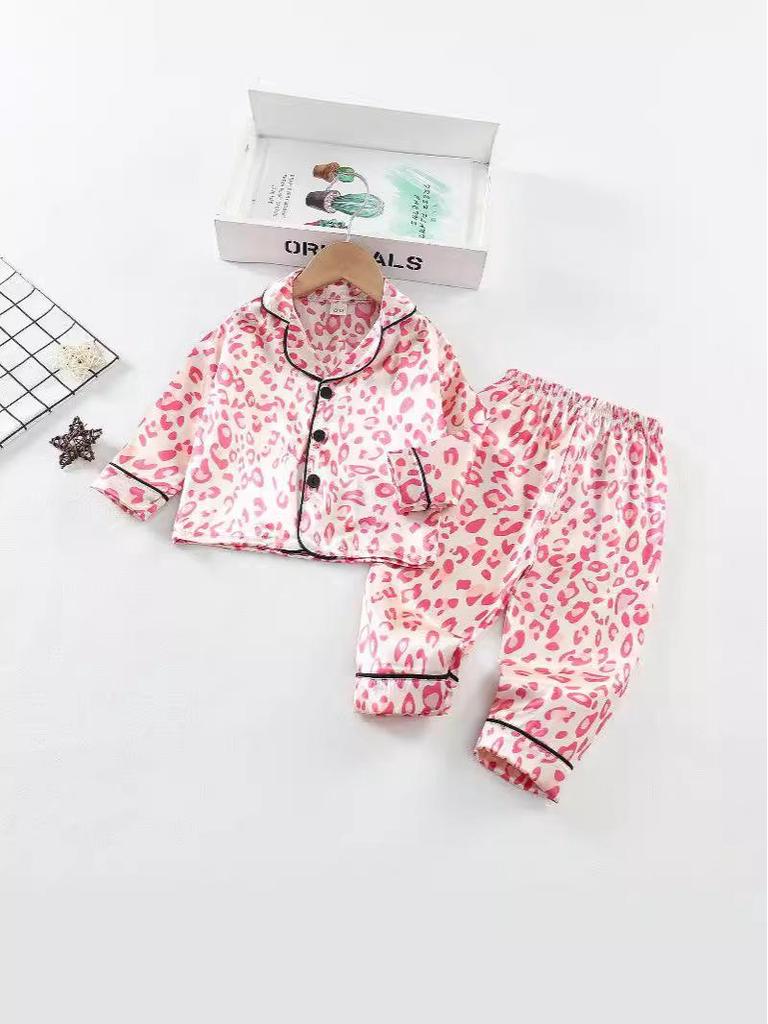 Leopard Print Silk Pajama Set - Long Sleeve for Children (Spring to Autumn)