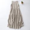 Cotton and Linen Elegant Striped Loose Large Size Women's Craft Pleated Literary Sense Beige Vest Dress