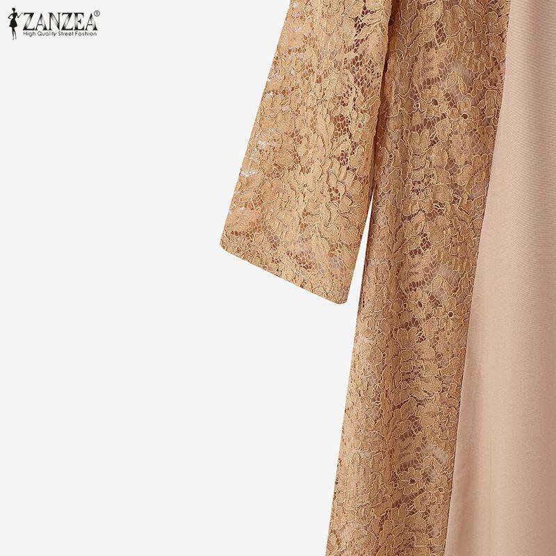 ZANZEA Women Casual Round Neck 3/4 Sleeve Casual Lace Patchwork Dress