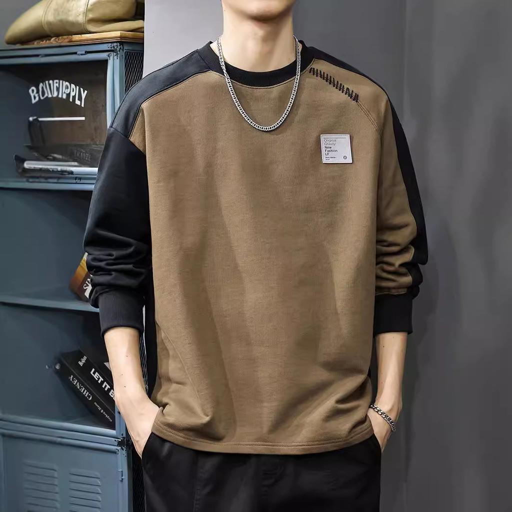 Autumn 40G Heavy Asymmetrical Splicing Contrasting Color Long-Sleeved T-Shirt Men'S American Casual Loose Large Size Pure Cotton Sweater