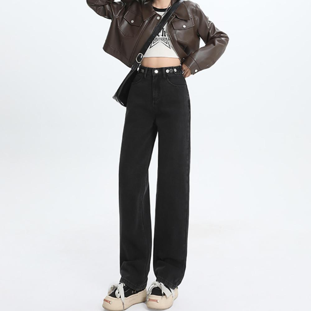 Spring and summer new American high-waisted straight jeans women's adjustment buckle loose and thin wide-leg jeans fashion