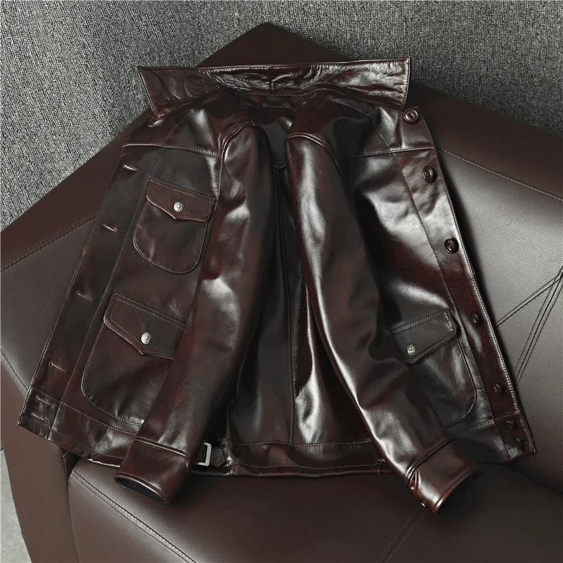 Men Waxed Tea Core Genuine Leather Biker Jacket Slim Fit Stylish Brakeman Coat Trendy Outerwear
