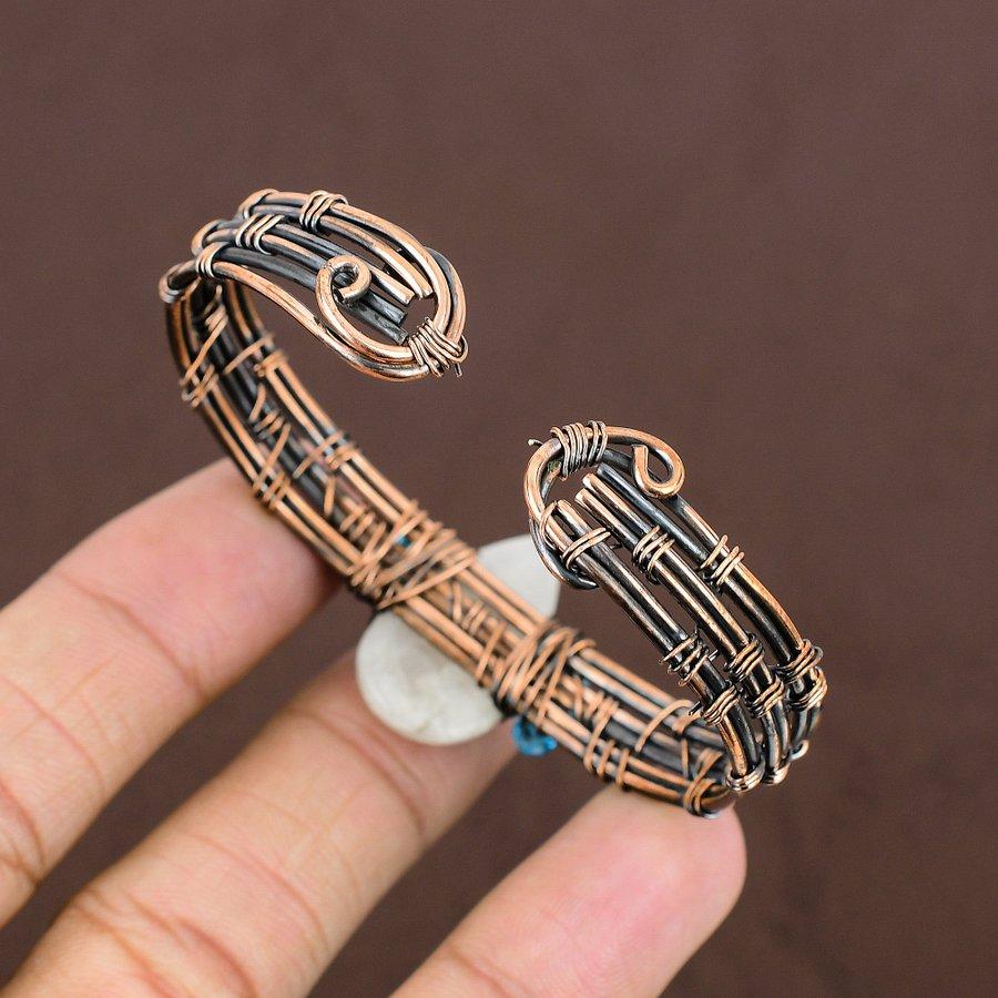 Natural Rainbow Moonstone Gemstone Copper Wire Wrap Cuff Bangle Adjustable z8W59