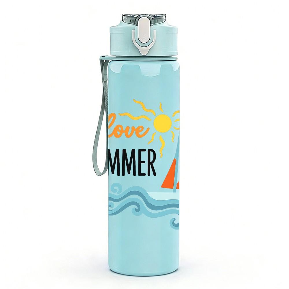 1PC I Love Summer Ocean Pattern 750ml Color Plastic Sports Water Bottle Leakproof Flip Straw Lid Suitable for Sports Office Home Use