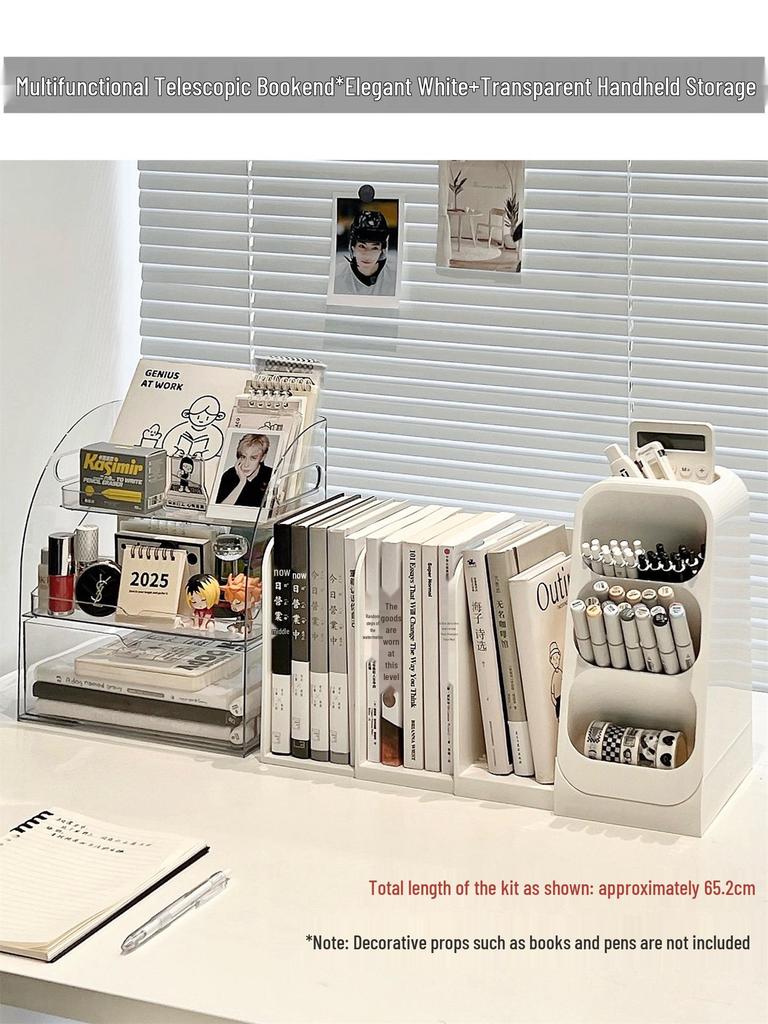 Retractable Bookends with Pen Holder and Storage Rack for Desk